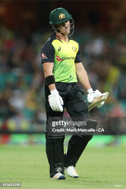 Arcy Short of Australia walks from the field after being dismissed by Tim Southee of New Zealand during game one of the International Twenty20 series...