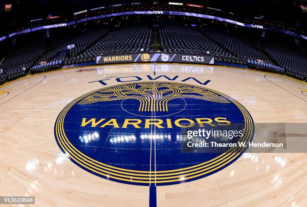 Detailed view of the "The Town" logo for the Golden State Warriors at center court prior to the start of an NBA basketball game between the Warriors...