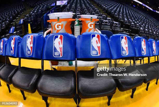 Detailed view of the Gatorade coolers sitting behind the Golden State Warriors bench prior to the start of an NBA basketball game between the...