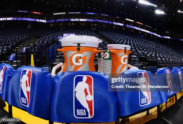 Detailed view of the Gatorade coolers sitting behind the Golden State Warriors bench prior to the start of an NBA basketball game between the...