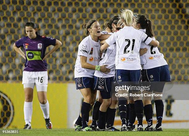 The Victory celebrate a goal during the round one W-League match between the Melbourne Victory and Perth Glory at Etihad Stadium on October 3, 2009...