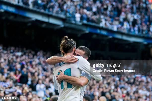 Gareth Bale of Real Madrid celebrates with teammate Daniel Carvajal Ramos during the La Liga 2017-18 match between Real Madrid and RC Deportivo La...