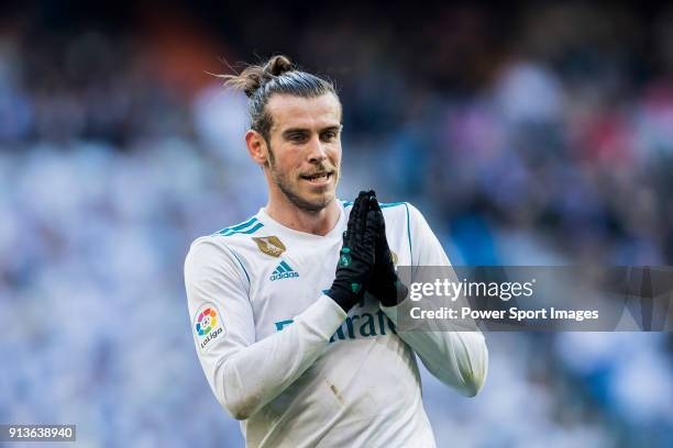 Gareth Bale of Real Madrid reacts during the La Liga 2017-18 match between Real Madrid and RC Deportivo La Coruna at Santiago Bernabeu Stadium on...