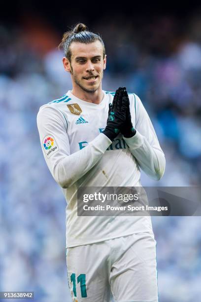 Gareth Bale of Real Madrid reacts during the La Liga 2017-18 match between Real Madrid and RC Deportivo La Coruna at Santiago Bernabeu Stadium on...