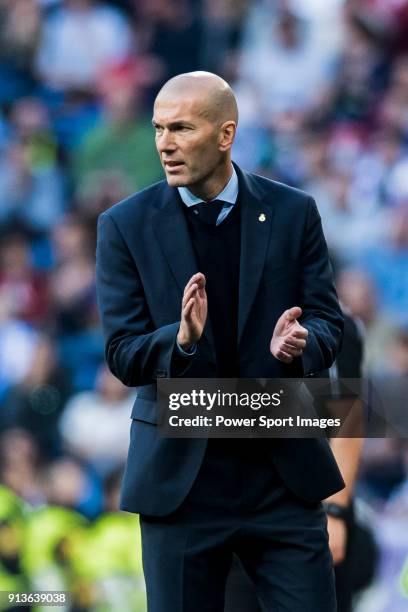 Manager Zinedine Zidane of Real Madrid reacts during the La Liga 2017-18 match between Real Madrid and RC Deportivo La Coruna at Santiago Bernabeu...