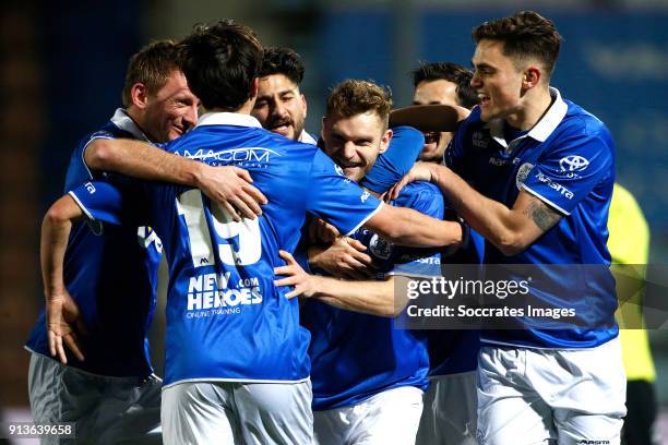 Dennis Kaars of FC Den Bosch celebrates 3-2 with teammates during the Dutch Jupiler League match between FC Den Bosch v Telstar at the Stadium De...