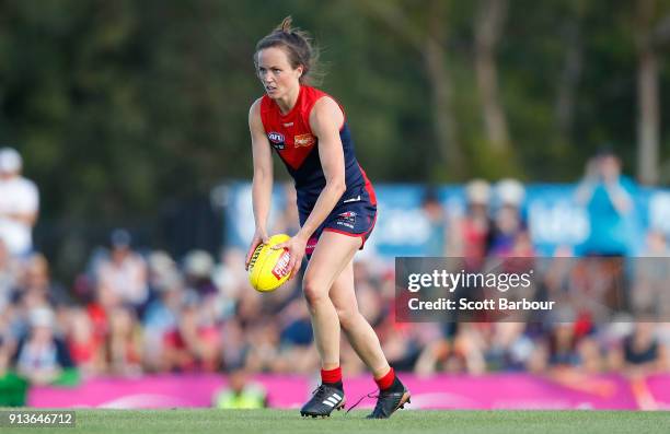 Daisy Pearce of the Demons runs with the ball during the round one AFLW match between the Melbourne Demons and the Greater Western Sydney Giants at...