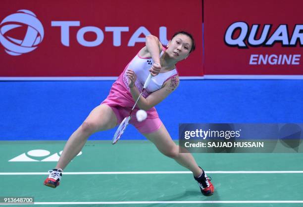 United States badminton player Beiwen Zhang plays a return against Hong Kong badminton player Cheung Ngan Yi during their women's singles semi-final...