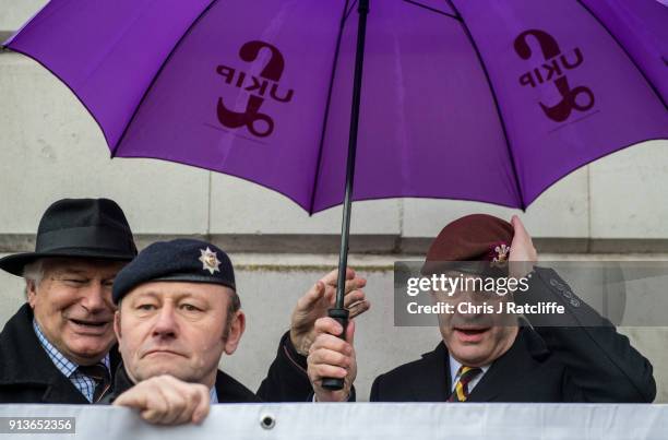 Party leader Henry Bolton wearing a beret from the The Royal Hussars, of which he was Lance Corporal, during a Justice for Veterans protest at...