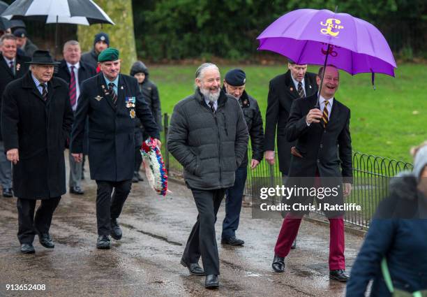 Party leader Henry Bolton amongst veterans during a Justice for Veterans protest at Whitehall on February 3, 2018 in London, England. The Justice for...