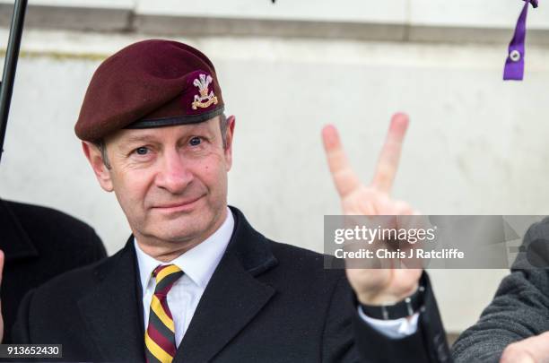 Party leader Henry Bolton wearing a beret from the The Royal Hussars, of which he was Lance Corporal, during a Justice for Veterans protest at...