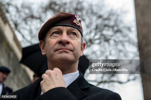 Party leader Henry Bolton wearing a beret from the The Royal Hussars, of which he was Lance Corporal, during a Justice for Veterans protest at...