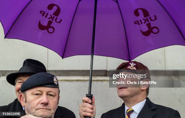 Party leader Henry Bolton wearing a beret from the The Royal Hussars, of which he was Lance Corporal, during a Justice for Veterans protest at...