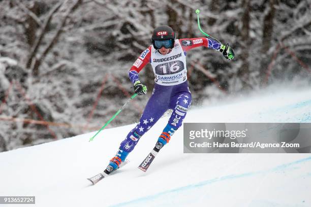 Stacey Cook of USA competes during the Audi FIS Alpine Ski World Cup Women's Downhill on February 3, 2018 in Garmisch-Partenkirchen, Germany.