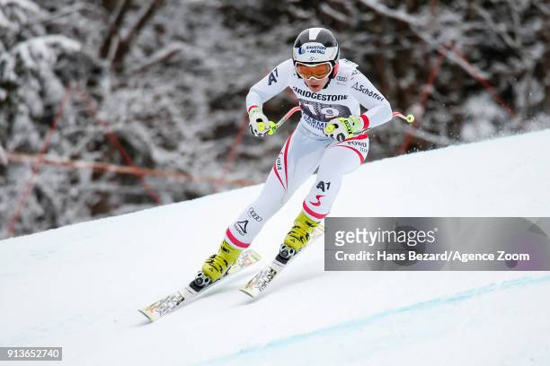 Nicole Schmidhofer of Austria competes during the Audi FIS Alpine Ski World Cup Women's Downhill on February 3, 2018 in Garmisch-Partenkirchen,...