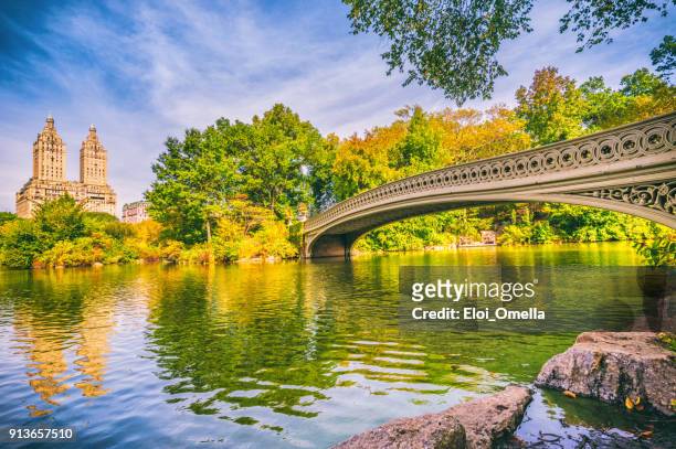bow bridge in central park at autumn new york manhattan photo - new york state park stock pictures, royalty-free photos & images