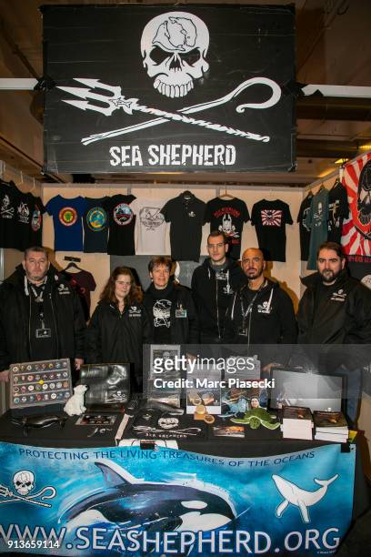 The french 'Sea Shepherd' team pose during the '25th Paris Manga & Sci-Fi Show' at Parc des Expositions Porte de Versailles on February 3, 2018 in...
