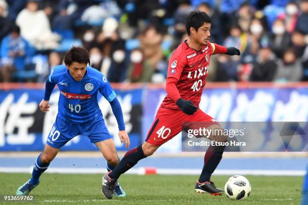Mitsuo Ogasawara of Kashima Antlers in action during the preseason friendly match between Mito HollyHock and Kashima Antlers at K's Denki Stadium on...