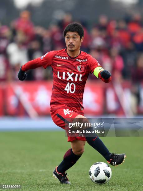 Mitsuo Ogasawara of Kashima Antlers in action during the preseason friendly match between Mito HollyHock and Kashima Antlers at K's Denki Stadium on...