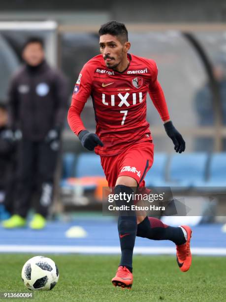 Pedro Junior of Kashima Antlers in action during the preseason friendly match between Mito HollyHock and Kashima Antlers at K's Denki Stadium on...
