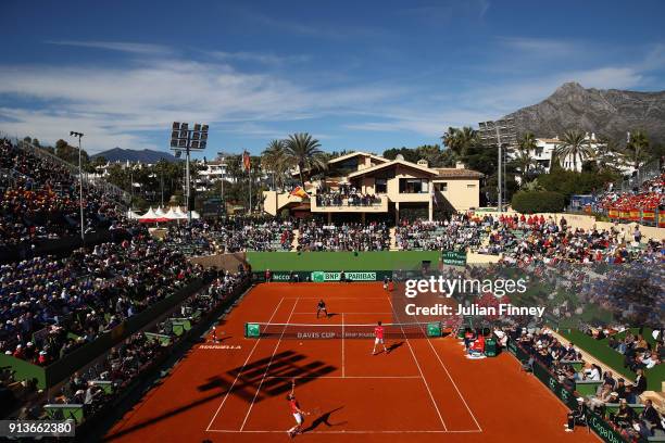 Dom Inglot and Jamie Murray of Great Britain take on Pablo Carreno Busta and Feliciano Lopez of Spain in the doubles during day two of the Davis Cup...