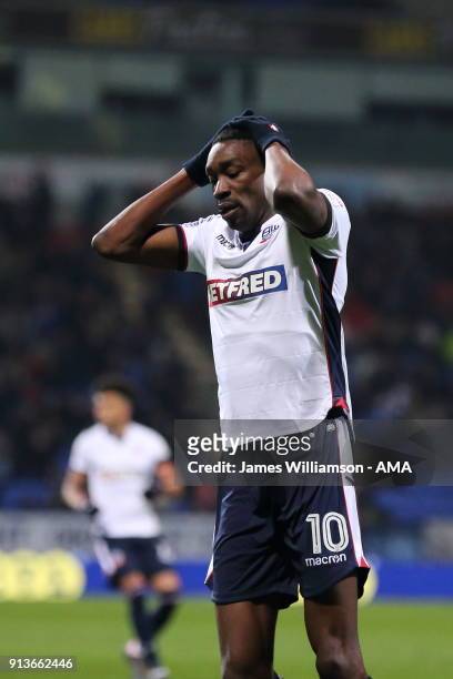 Sammy Ameobi of Bolton Wanderers reacts during the Sky Bet Championship match between Bolton Wanderers and Bristol City at Macron Stadium on February...