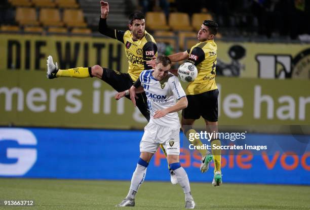 Jannes Vansteenkiste of Roda JC, Lennart Thy of VVV Venlo, Mohamed El Makrini of Roda JC during the Dutch Eredivisie match between Roda JC v...