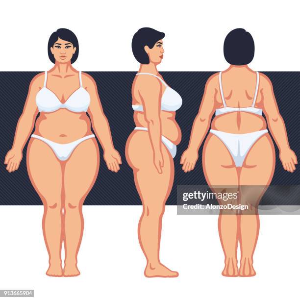 illustrazioni stock, clip art, cartoni animati e icone di tendenza di corpo femminile grasso con lingerie - voluptuous