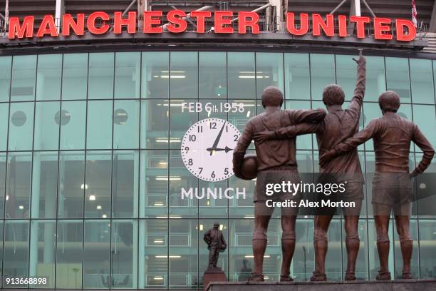 General view outside the stadium ahead of the Premier League match between Manchester United and Huddersfield Town at Old Trafford on February 3,...