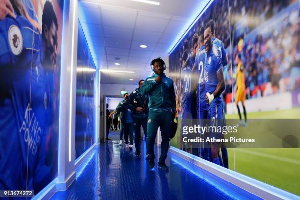 Wilfried Bony of Swansea arrives at King Power Stadium prior to kick off of the Premier League match between Leicester City and Swansea City at the...
