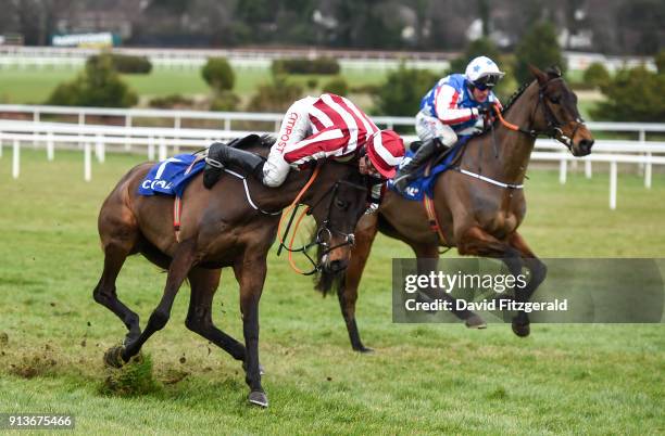 Dublin , Ireland - 3 February 2018; Ordinary World, with Davy Russell up, stumble after jumping the last fence but manages to regain control of the...