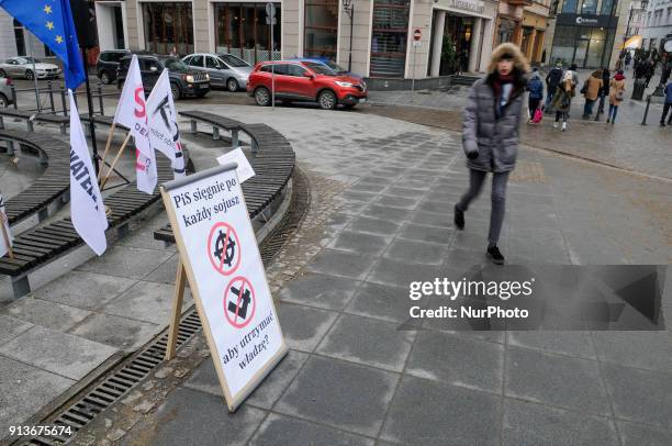 Members of the Bydgoszcz Forum for Democracy are seen picketing in the old city center on February 3, 2018. New laws passed by the current,...