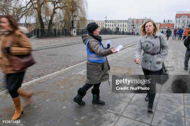 Members of the Bydgoszcz Forum for Democracy are seen picketing in the old city center on February 3, 2018. New laws passed by the current,...