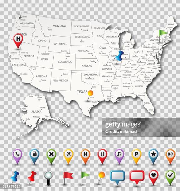 usa map with pins - highly detailed - alaska us state stock illustrations