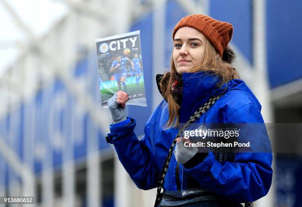 Match programmes are sold ahead of the Premier League match between Leicester City and Swansea City at The King Power Stadium on February 3, 2018 in...