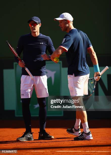 Dom Inglot and Jamie Murray of Great Britain take on Pablo Carreno Busta and Feliciano Lopez of Spain in the doubles during day two of the Davis Cup...