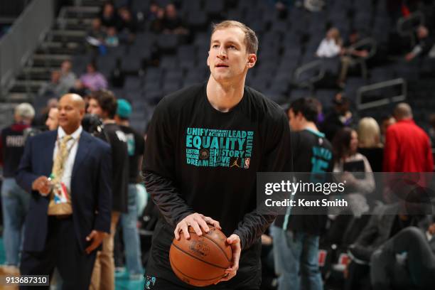 Cody Zeller of the Charlotte Hornets warms up before the game against the Indiana Pacers on February 2, 2018 at Spectrum Center in Charlotte, North...