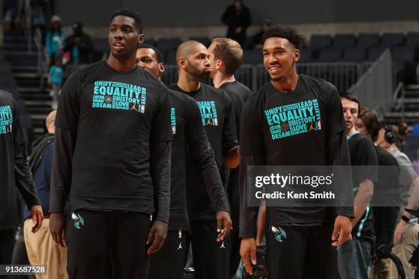 Johnny O'Bryant III and Malik Monk of the Charlotte Hornets warm up before the game against the Indiana Pacers on February 2, 2018 at Spectrum Center...