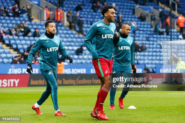 Martin Olsson and Leroy Fer of Swansea prior to kick off of the Premier League match between Leicester City and Swansea City at the Liberty Stadium...