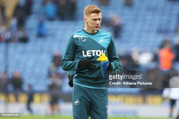 Sam Clucas of Swansea prior to kick off of the Premier League match between Leicester City and Swansea City at the Liberty Stadium on February 3,...