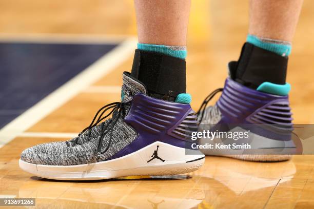 The sneakers of Cody Zeller of the Charlotte Hornets during the game against the Indiana Pacers on February 2, 2018 at Spectrum Center in Charlotte,...