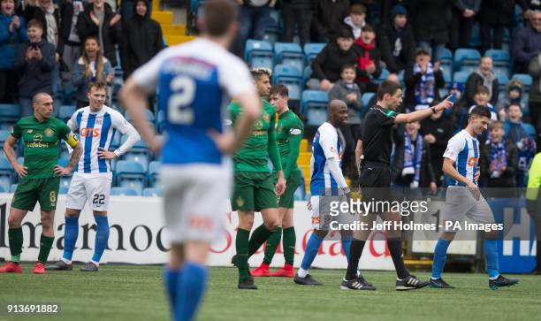 Kilmarnocks Jordan Jones is kept away from Scott Brown by referee Kevin Clancy as he is substituted during the Ladbrokes Scottish Premiership match...