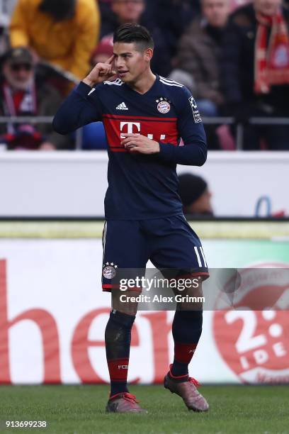 James Rodriguez of Bayern Muenchen celebrates after he scored a goal to make it 2:0 during the Bundesliga match between 1. FSV Mainz 05 and FC Bayern...