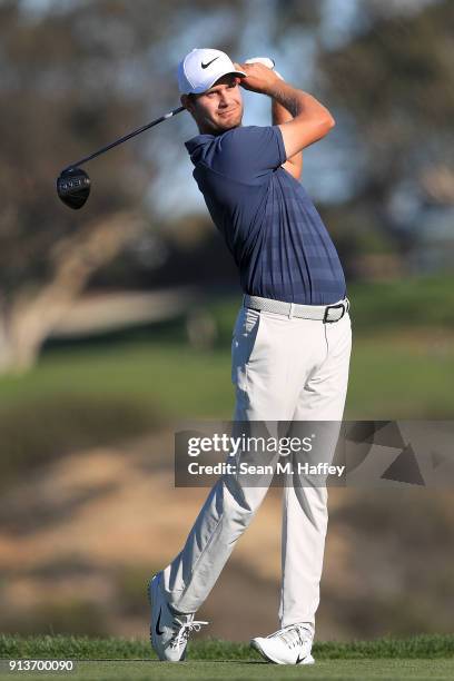 Harris English plays his shot from the fifth tee during the final round of the Farmers Insurance Open at Torrey Pines South on January 28, 2018 in...