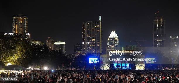 View of the main stage with City back drop on Day 1 of Austin City Limits Festival 2009 at Zilker Park on October 2, 2009 in Austin, Texas.