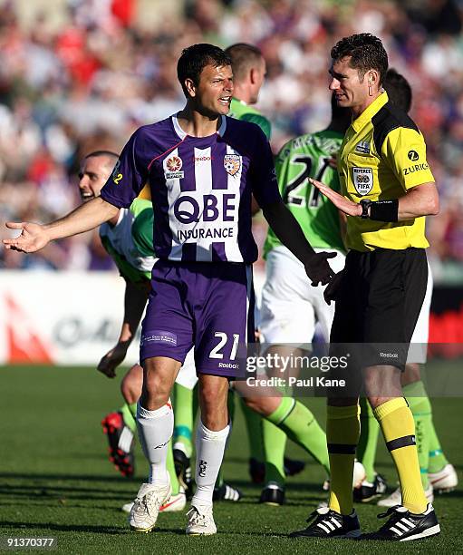 Mile Sterjovski questions referee Ben Williams about a Fury goal during the round nine A-League match between the Perth Glory and the North...