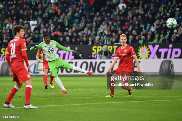 Divock Origi of Wolfsburg heads a goal to make it 1:0 during the Bundesliga match between VfL Wolfsburg and VfB Stuttgart at Volkswagen Arena on...