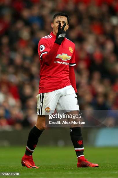 Alexis Sanchez of Manchester United gestures during the Premier League match between Manchester United and Huddersfield Town at Old Trafford on...