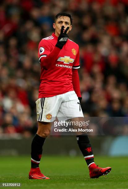 Alexis Sanchez of Manchester United gestures during the Premier League match between Manchester United and Huddersfield Town at Old Trafford on...