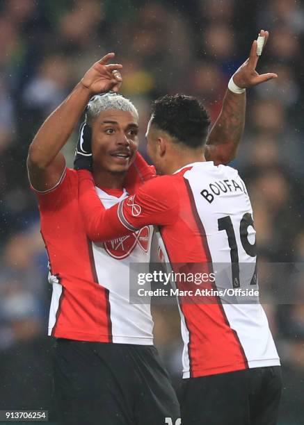Mario Lemina of Southampton celebrates scoring the equalising goal with Sofiane Boufal during the Premier League match between West Bromwich Albion...